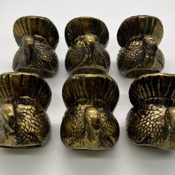 Set of 6 Vintage Brass Thanksgiving Turkey Napkin Rings Fall Harvest - Picture 3 of 4